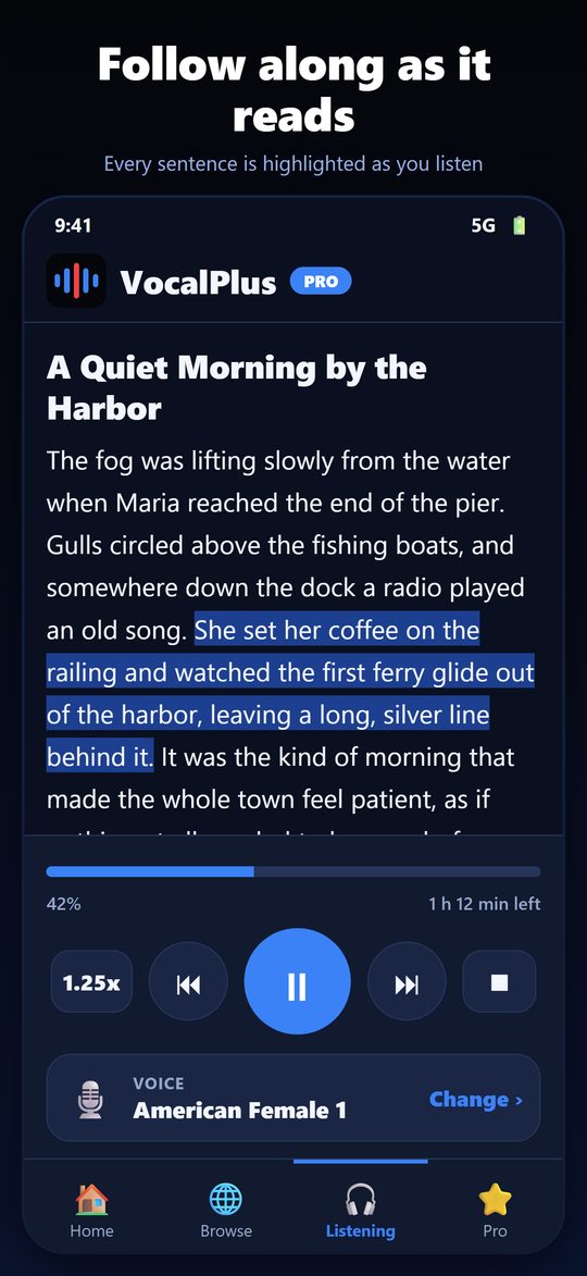 Listening screen with the current sentence highlighted